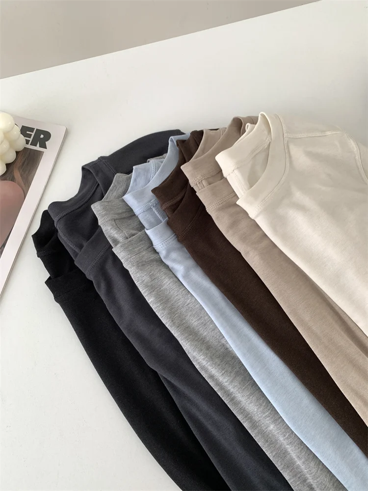 Silk Wool Splice Long Sleeve T-shirt Women Spring Summer Thin Soft Waxy Fit Solid Color Backing Top