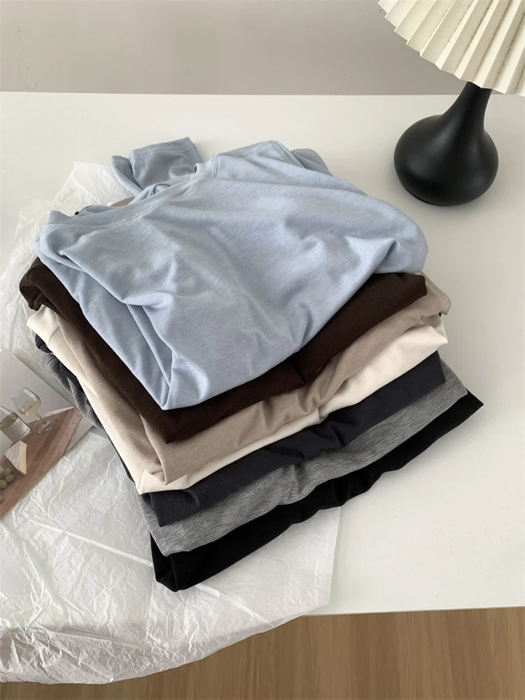 Silk Wool Splice Long Sleeve T-shirt Women Spring Summer Thin Soft Waxy Fit Solid Color Backing Top