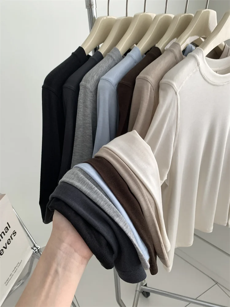 Silk Wool Splice Long Sleeve T-shirt Women Spring Summer Thin Soft Waxy Fit Solid Color Backing Top