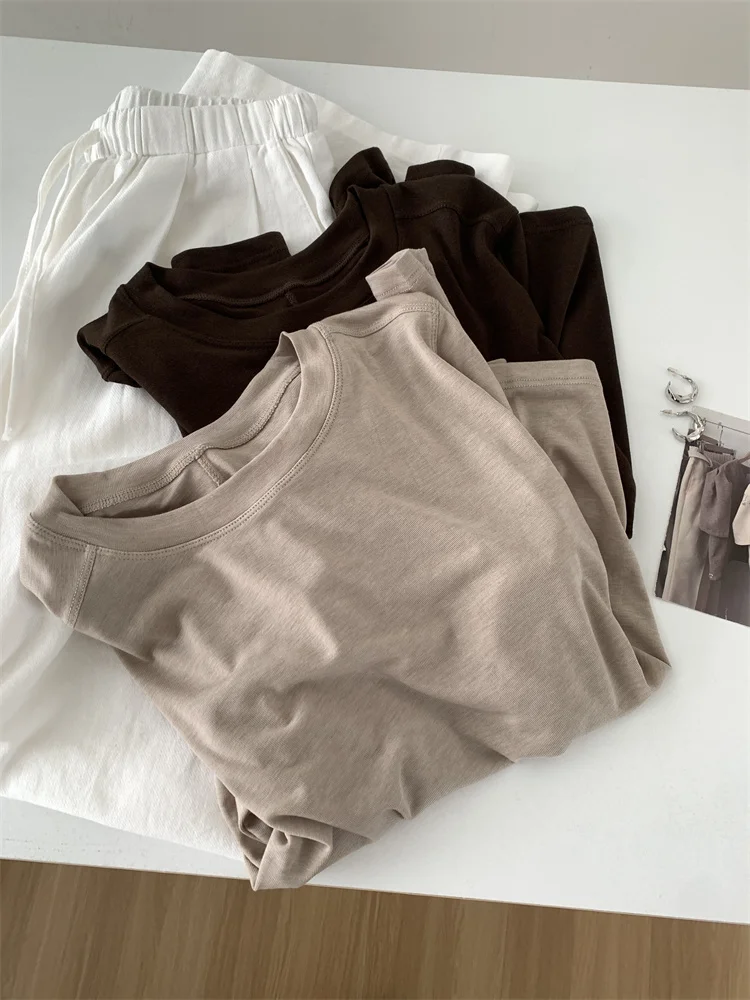 Silk Wool Splice Long Sleeve T-shirt Women Spring Summer Thin Soft Waxy Fit Solid Color Backing Top