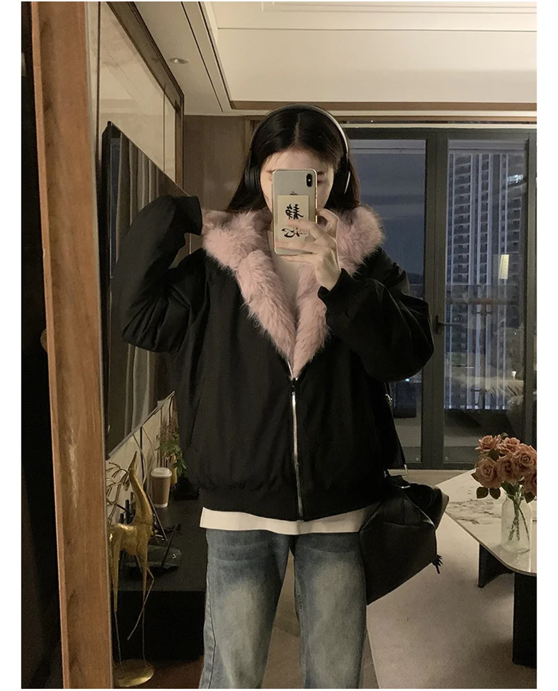 Double Sided Winter Coat Women Clothing Imitation Mink Fur Fur Hooded Cotton Jacket Female Warm Plush Cotton-padded Outerwea New