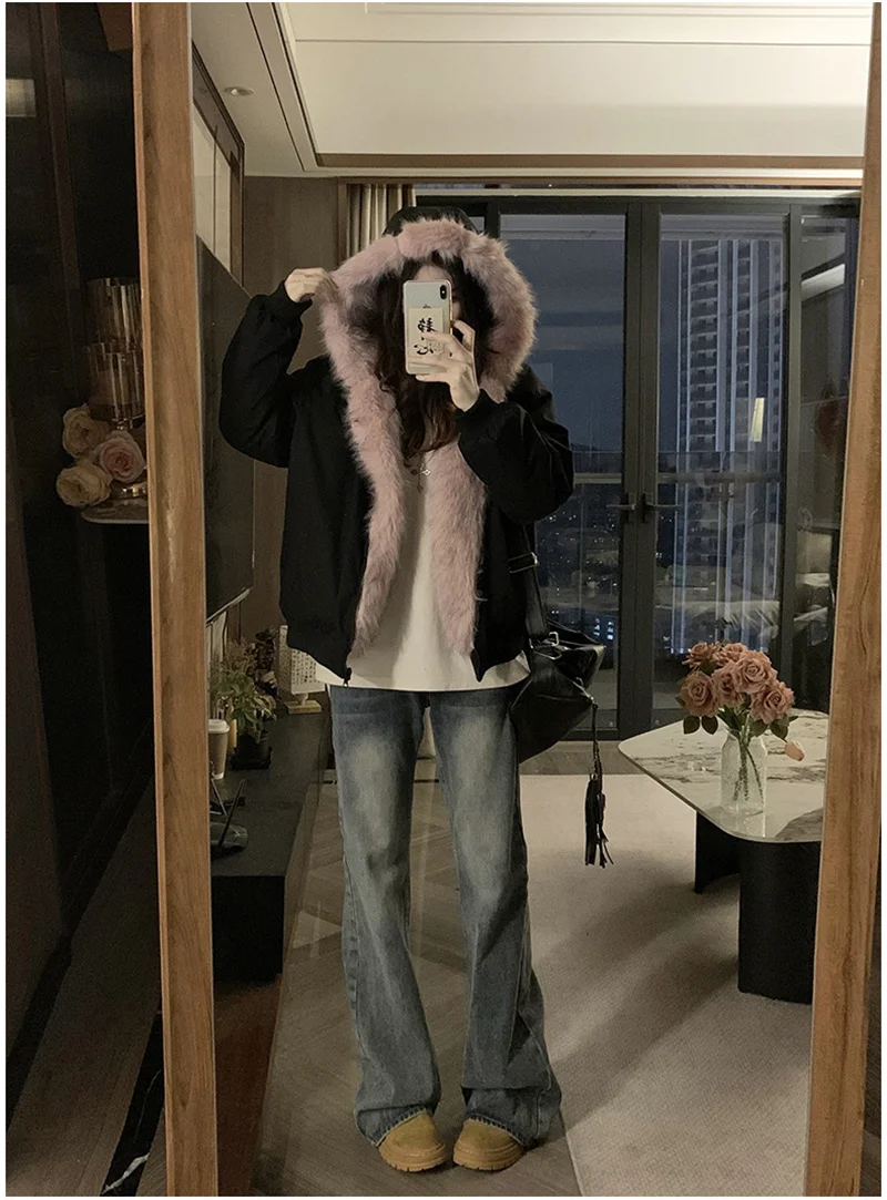 Double Sided Winter Coat Women Clothing Imitation Mink Fur Fur Hooded Cotton Jacket Female Warm Plush Cotton-padded Outerwea New