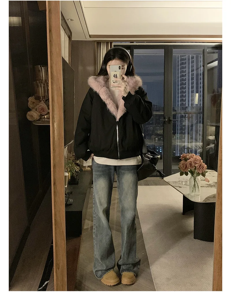 Double Sided Winter Coat Women Clothing Imitation Mink Fur Fur Hooded Cotton Jacket Female Warm Plush Cotton-padded Outerwea New