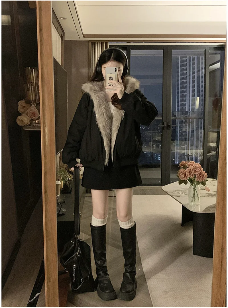Double Sided Winter Coat Women Clothing Imitation Mink Fur Fur Hooded Cotton Jacket Female Warm Plush Cotton-padded Outerwea New