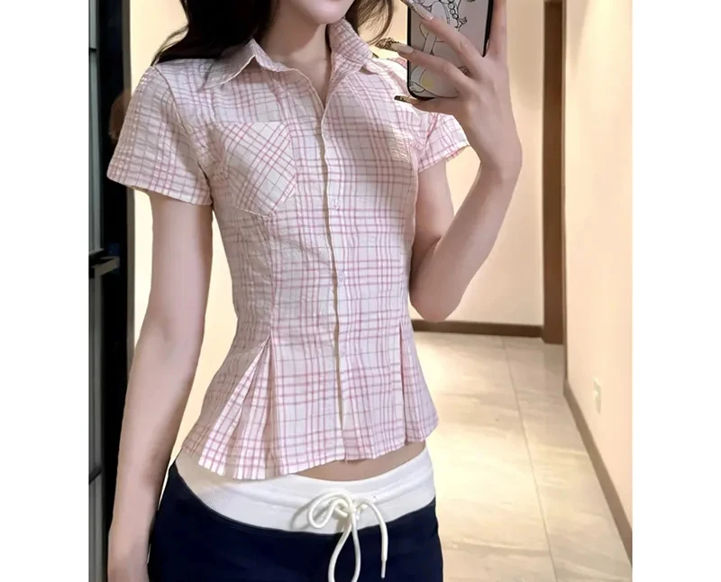 Women Slim Pink Plaid Shirt Sexy Cropped Amercian Vintage Short Sleeve Blouse Summer Causal Preppy Style Female Retro Sweet Tops