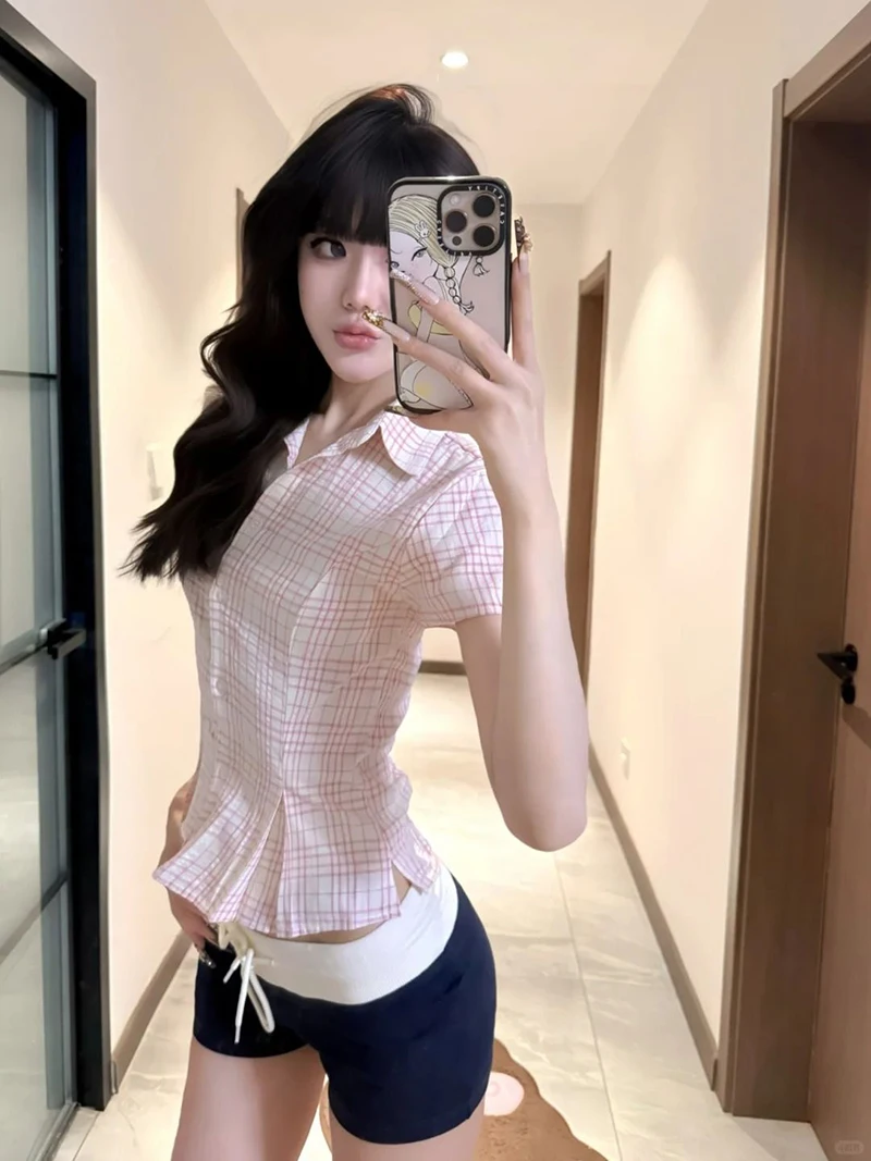 Women Slim Pink Plaid Shirt Sexy Cropped Amercian Vintage Short Sleeve Blouse Summer Causal Preppy Style Female Retro Sweet Tops