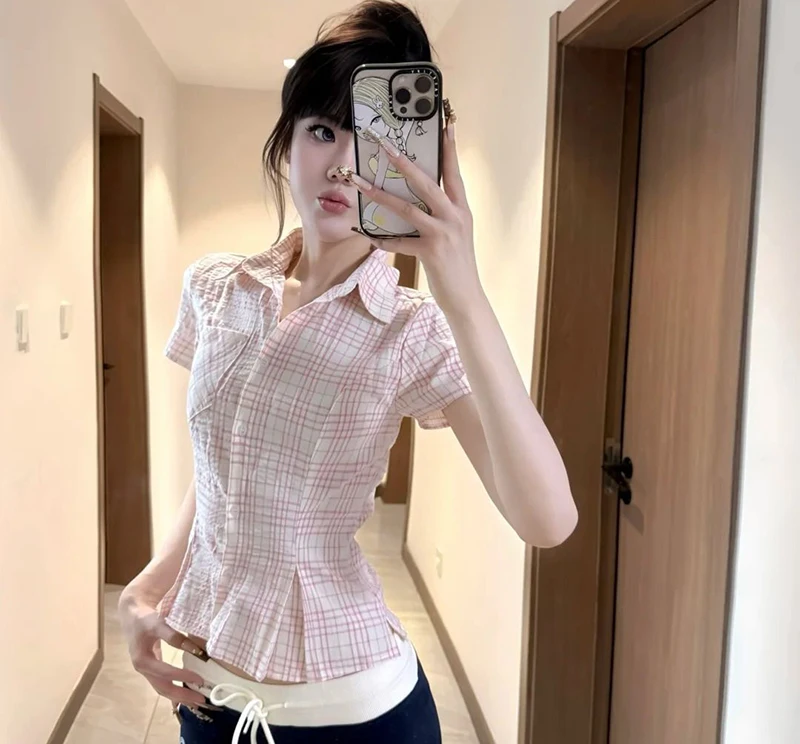 Women Slim Pink Plaid Shirt Sexy Cropped Amercian Vintage Short Sleeve Blouse Summer Causal Preppy Style Female Retro Sweet Tops
