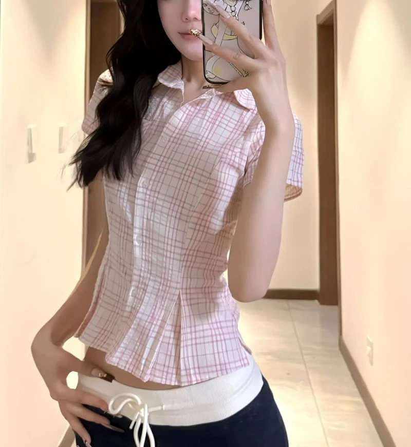 Women Slim Pink Plaid Shirt Sexy Cropped Amercian Vintage Short Sleeve Blouse Summer Causal Preppy Style Female Retro Sweet Tops
