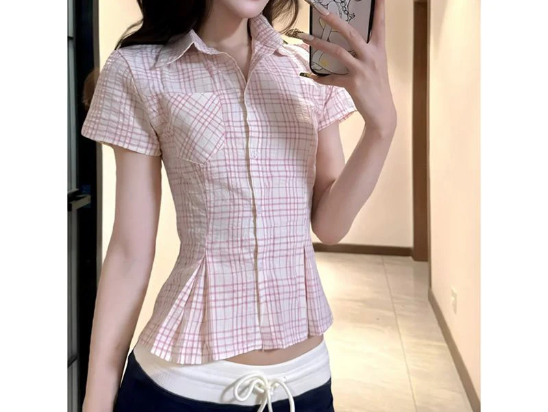 Women Slim Pink Plaid Shirt Sexy Cropped Amercian Vintage Short Sleeve Blouse Summer Causal Preppy Style Female Retro Sweet Tops