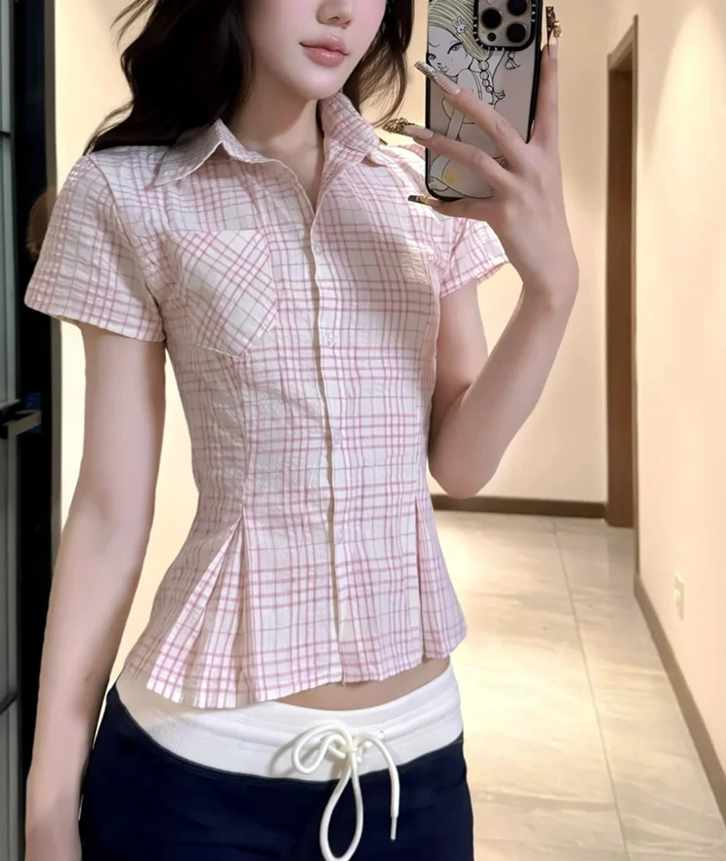 Women Slim Pink Plaid Shirt Sexy Cropped Amercian Vintage Short Sleeve Blouse Summer Causal Preppy Style Female Retro Sweet Tops