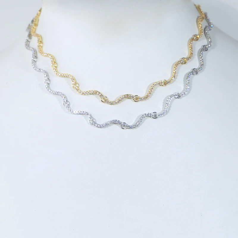 New Arrival Bezel Set 5A Cubic Zirconia Geometric Wave Tennis Necklaces for Women 18K Gold and Platinum Color Fashion Jewelry