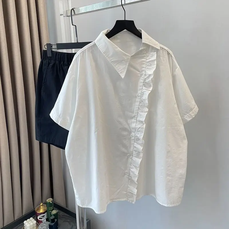 Summer Short Sleeved Shirt For Women With Loose Design And Diagonal Buckle Casual Fashion Cotton White Shirt