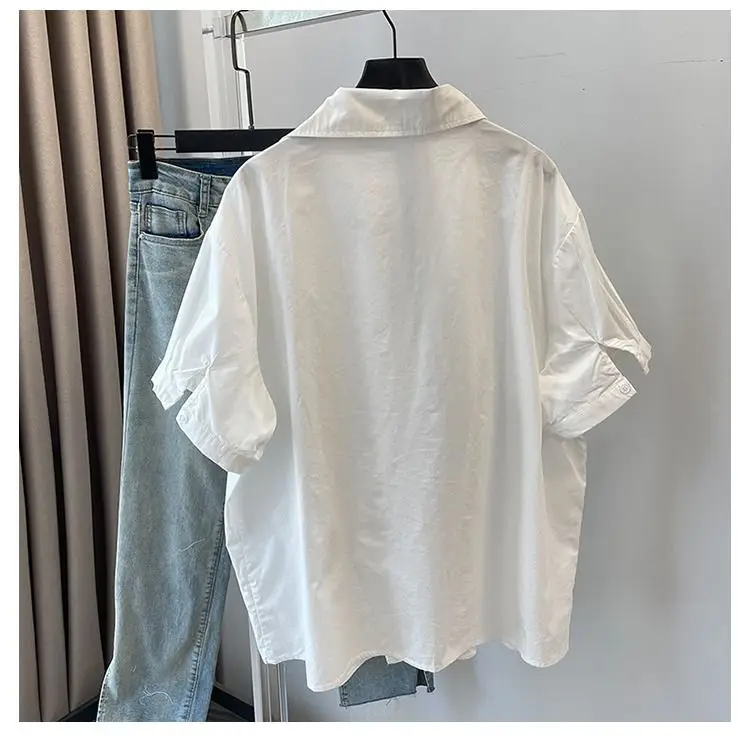 Summer Short Sleeved Shirt For Women With Loose Design And Diagonal Buckle Casual Fashion Cotton White Shirt