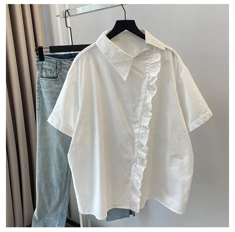 Summer Short Sleeved Shirt For Women With Loose Design And Diagonal Buckle Casual Fashion Cotton White Shirt