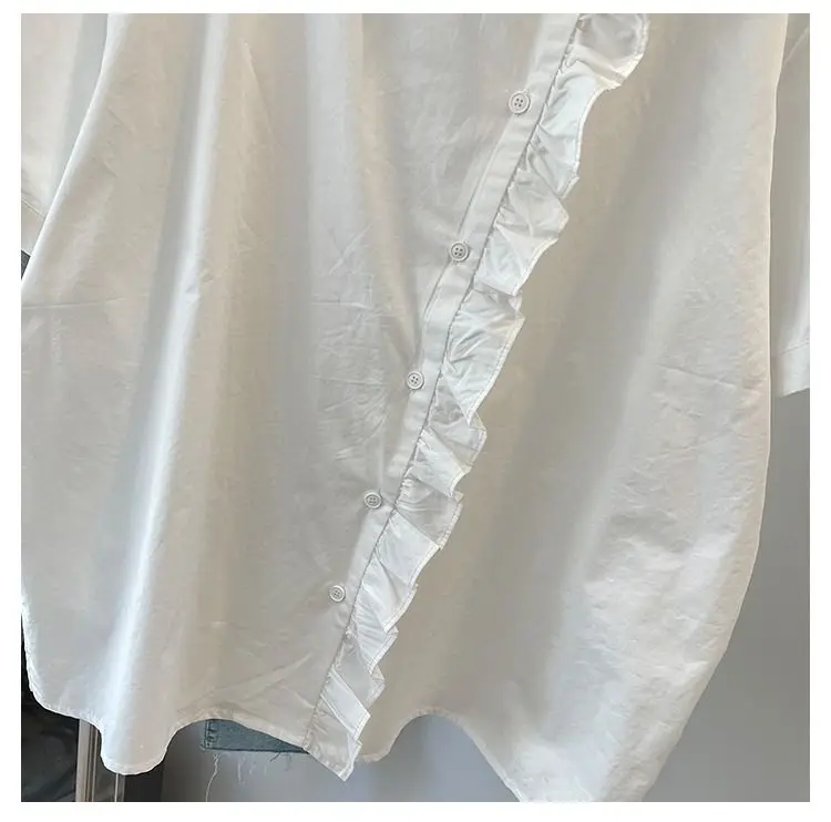 Summer Short Sleeved Shirt For Women With Loose Design And Diagonal Buckle Casual Fashion Cotton White Shirt
