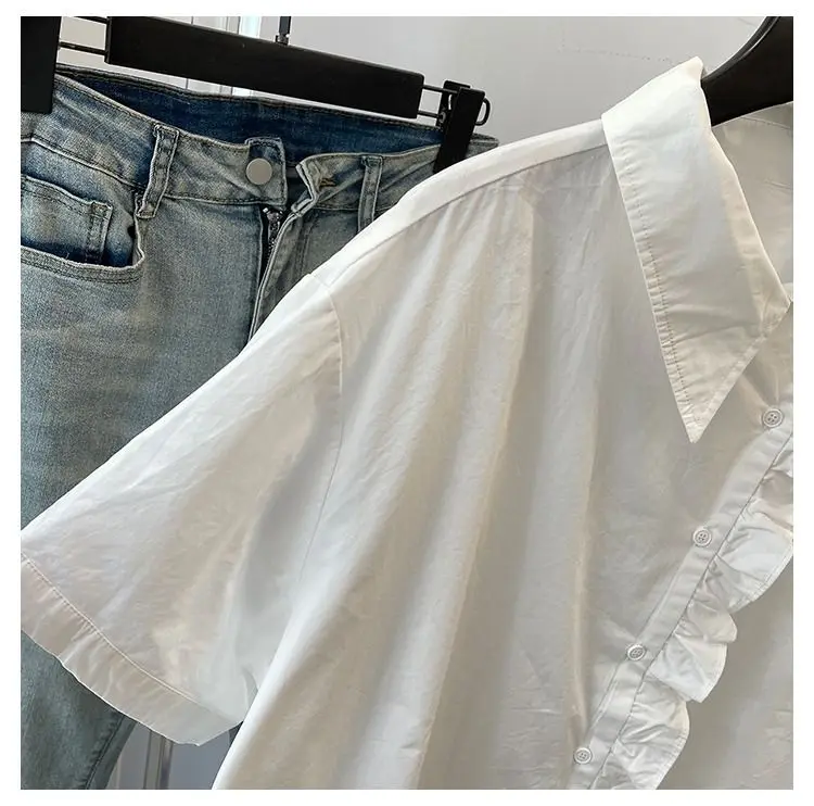 Summer Short Sleeved Shirt For Women With Loose Design And Diagonal Buckle Casual Fashion Cotton White Shirt
