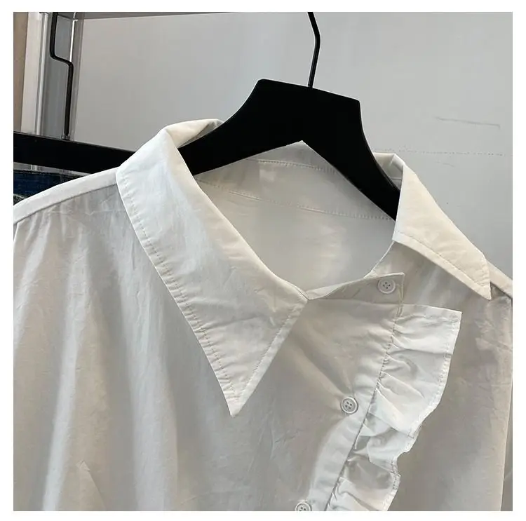 Summer Short Sleeved Shirt For Women With Loose Design And Diagonal Buckle Casual Fashion Cotton White Shirt