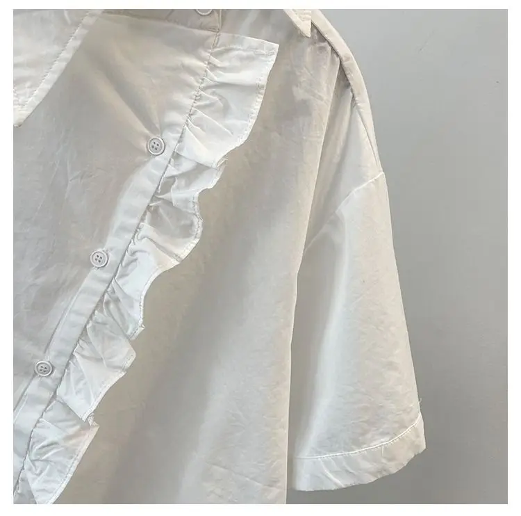 Summer Short Sleeved Shirt For Women With Loose Design And Diagonal Buckle Casual Fashion Cotton White Shirt