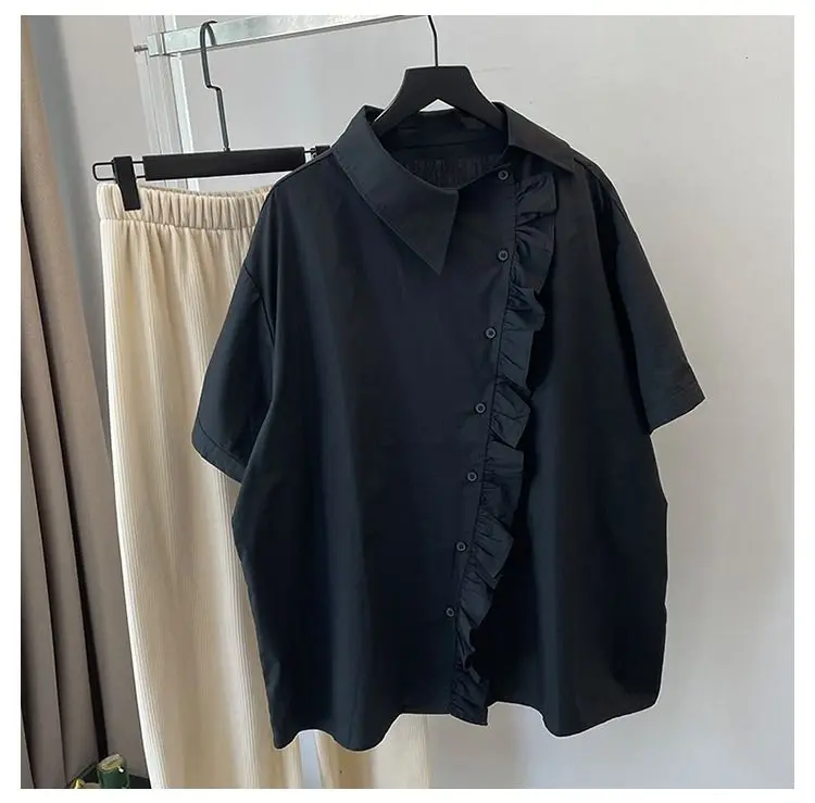 Summer Short Sleeved Shirt For Women With Loose Design And Diagonal Buckle Casual Fashion Cotton White Shirt