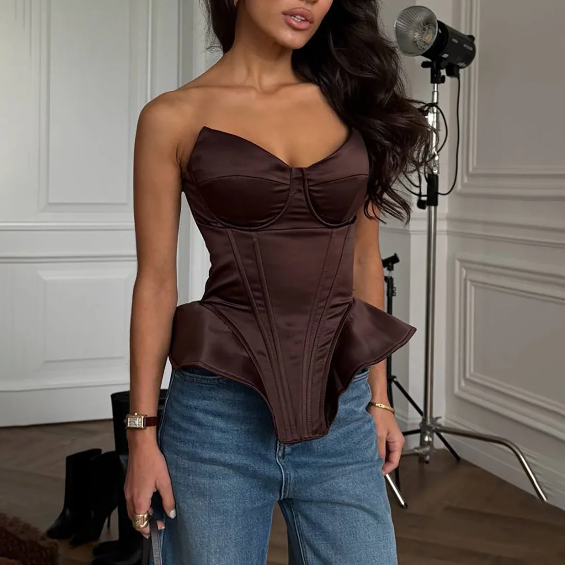Sexy Black Strapless Fishbone Corset Top Women Sleeveless Off-shoulder Backless Waist Cinching Vest 2026 Lady Party Cropped Vest