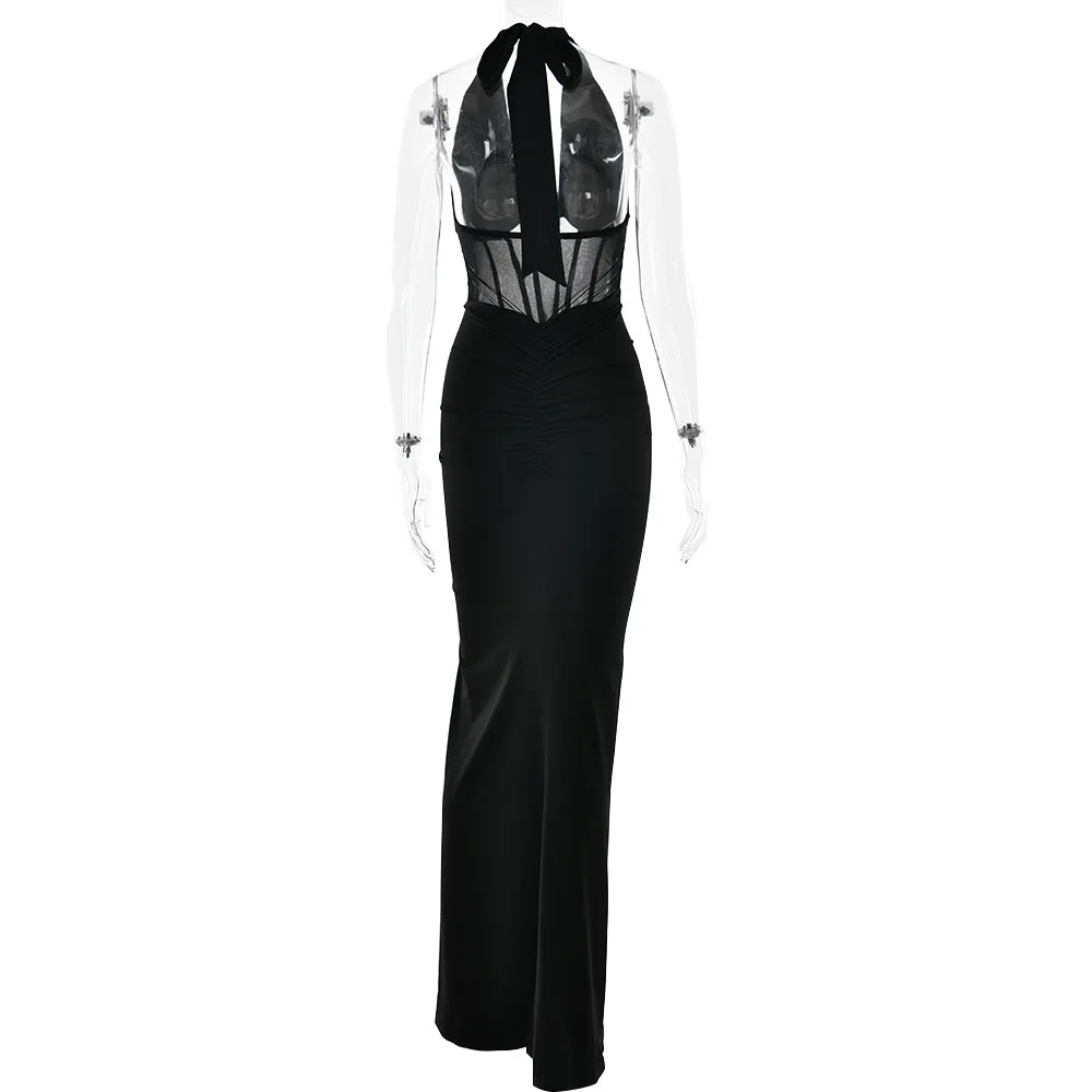 JULISSA MO Patchwork Sexy Deep V-neck Halter Women Maxi Dress Backless See Through Dress Summer Slim Elegant Party Evening Dress