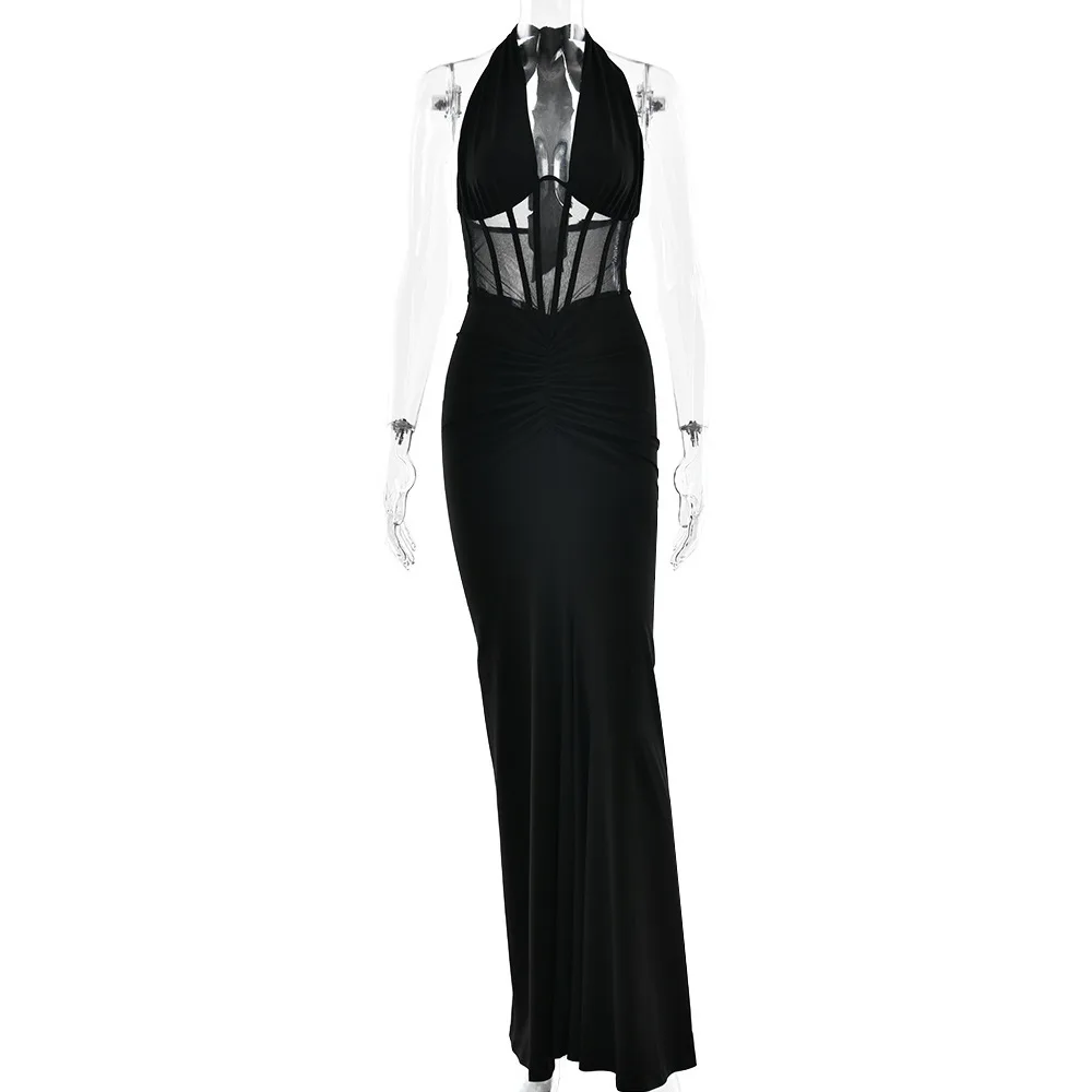 JULISSA MO Patchwork Sexy Deep V-neck Halter Women Maxi Dress Backless See Through Dress Summer Slim Elegant Party Evening Dress