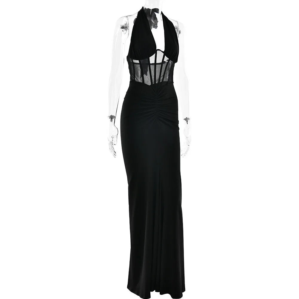 JULISSA MO Patchwork Sexy Deep V-neck Halter Women Maxi Dress Backless See Through Dress Summer Slim Elegant Party Evening Dress