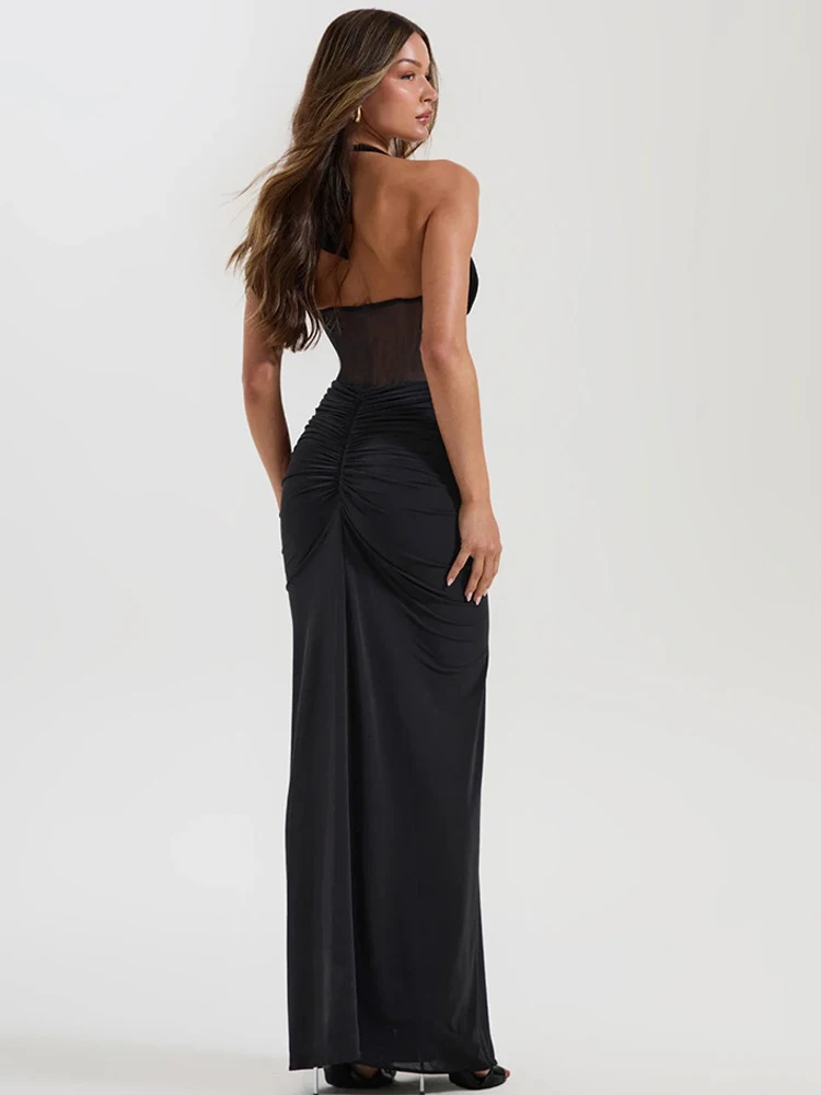 JULISSA MO Patchwork Sexy Deep V-neck Halter Women Maxi Dress Backless See Through Dress Summer Slim Elegant Party Evening Dress