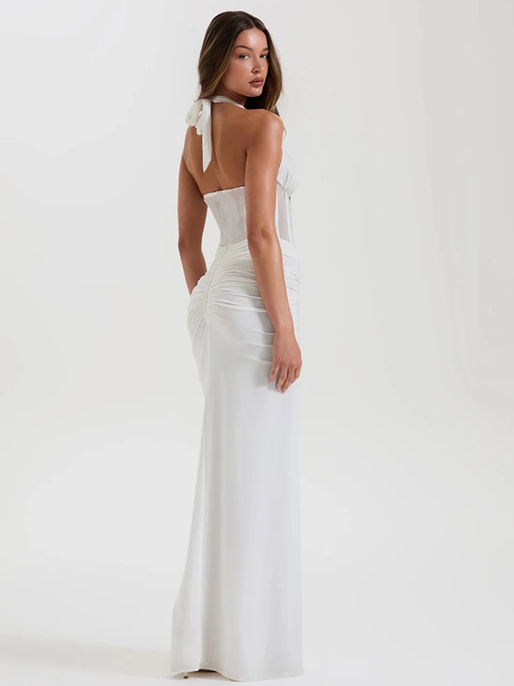JULISSA MO Patchwork Sexy Deep V-neck Halter Women Maxi Dress Backless See Through Dress Summer Slim Elegant Party Evening Dress