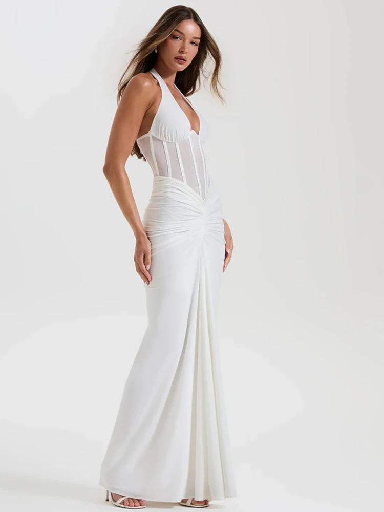 JULISSA MO Patchwork Sexy Deep V-neck Halter Women Maxi Dress Backless See Through Dress Summer Slim Elegant Party Evening Dress