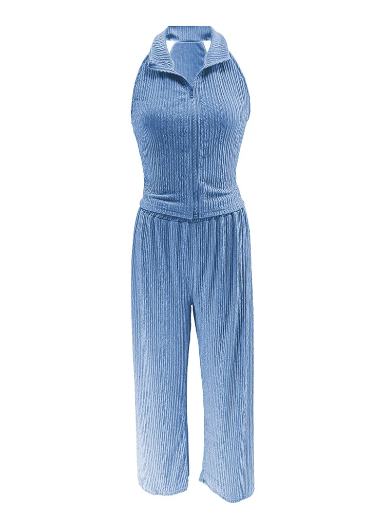 Wmstar Two Piece Set Wholesale Summer Sleeveless Solid Top Pleated Casual Pants Set for Women Elegant Matching Suit New Style