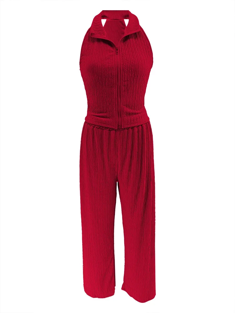 Wmstar Two Piece Set Wholesale Summer Sleeveless Solid Top Pleated Casual Pants Set for Women Elegant Matching Suit New Style