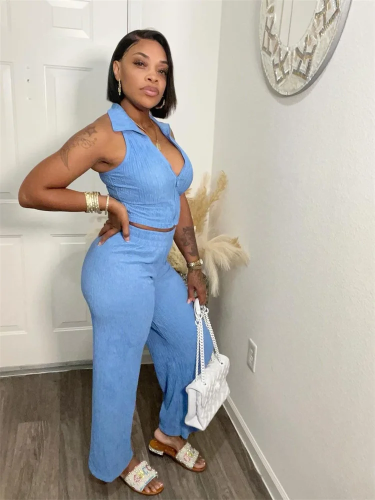Wmstar Two Piece Set Wholesale Summer Sleeveless Solid Top Pleated Casual Pants Set for Women Elegant Matching Suit New Style