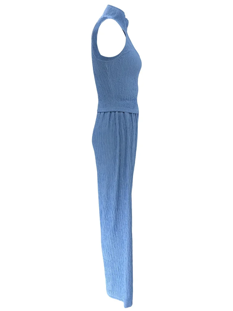 Wmstar Two Piece Set Wholesale Summer Sleeveless Solid Top Pleated Casual Pants Set for Women Elegant Matching Suit New Style