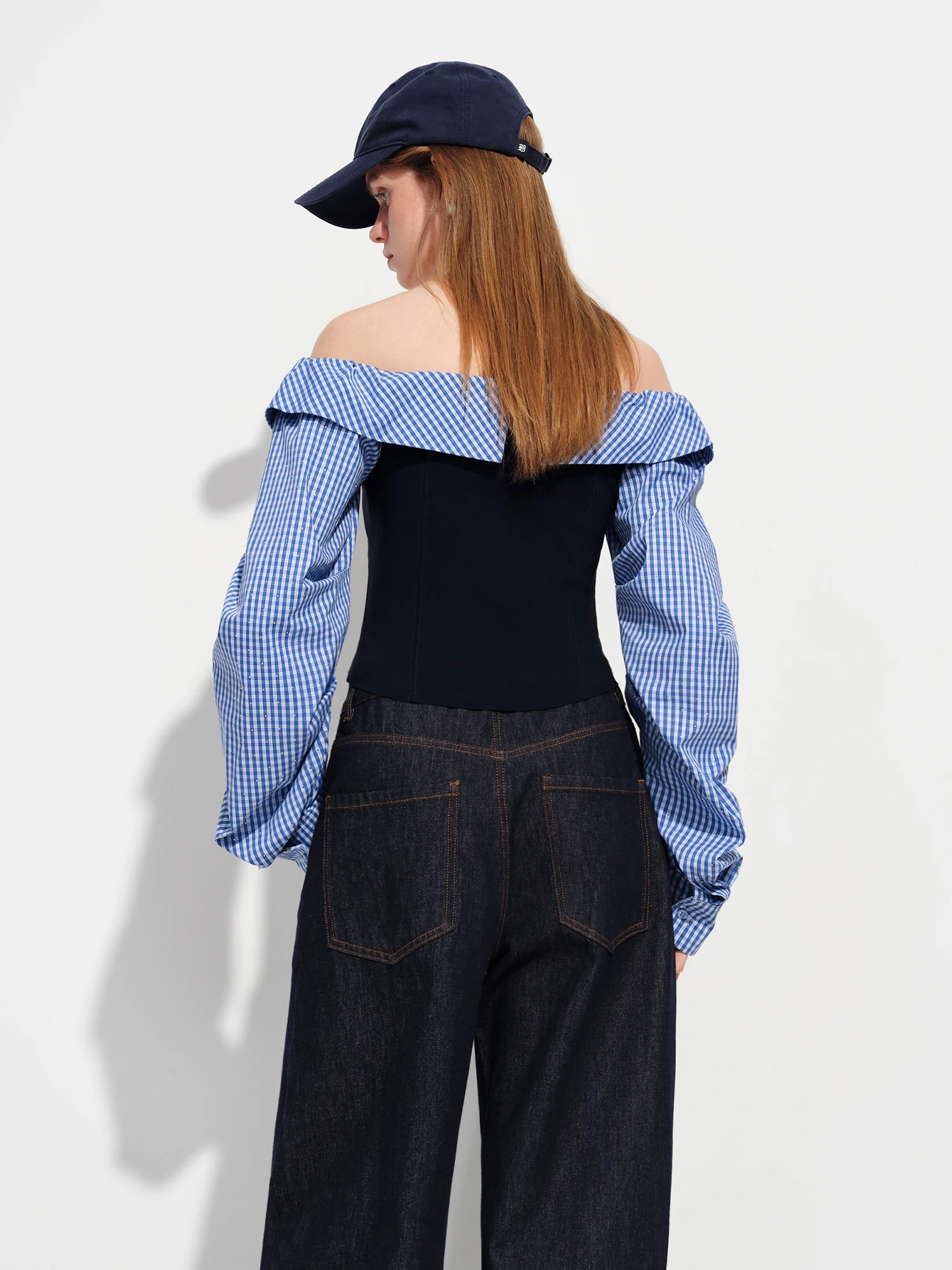 FSLE 2026 Spring Women's Off-Shoulder Blue Gingham Blouse - Elegant Ruffled Lapel Long Sleeve Top for Office Commute