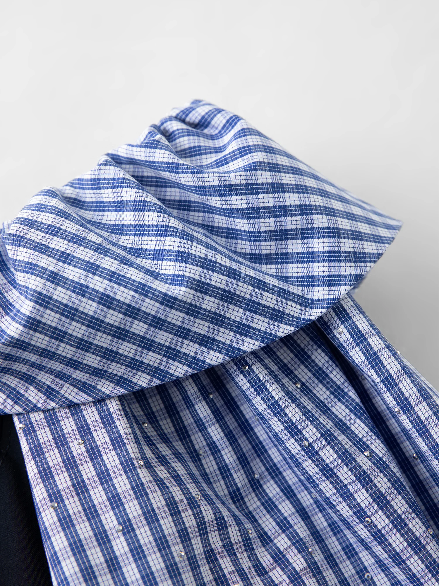 FSLE 2026 Spring Women's Off-Shoulder Blue Gingham Blouse - Elegant Ruffled Lapel Long Sleeve Top for Office Commute