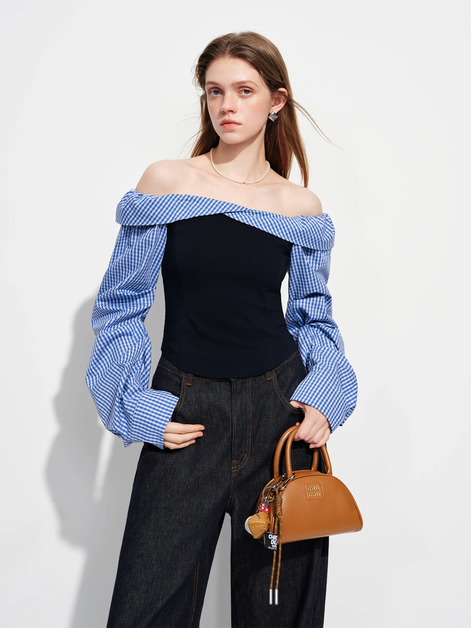 FSLE 2026 Spring Women's Off-Shoulder Blue Gingham Blouse - Elegant Ruffled Lapel Long Sleeve Top for Office Commute
