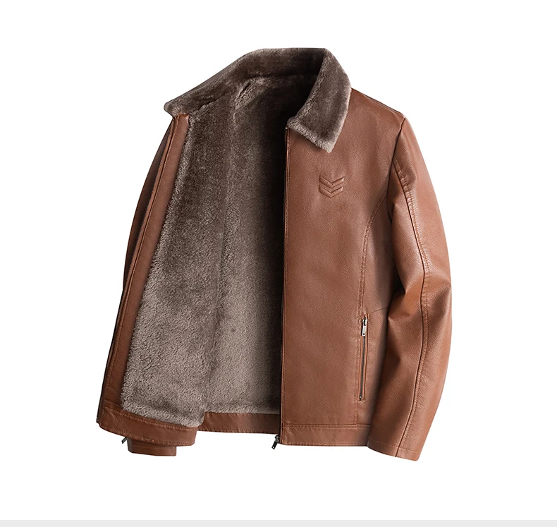 Men's Leather Jacket Autumn and Winter New Collection Coat with Fleece, Middle-Aged Leather Jacket, Light Business Casual Coat