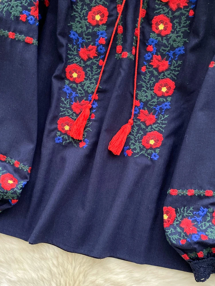 Women's Autumn Bohemian Blouse Ethnic Embroidered O-Neck Shirt Casual Bow Tie Loose Top Linen-cotton Female Pullovers Girl BL256