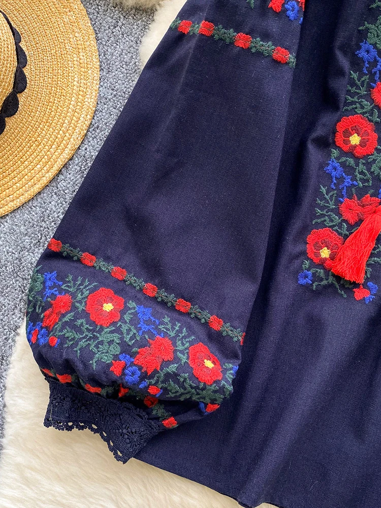 Women's Autumn Bohemian Blouse Ethnic Embroidered O-Neck Shirt Casual Bow Tie Loose Top Linen-cotton Female Pullovers Girl BL256