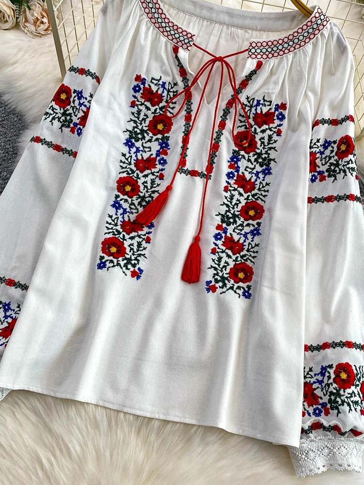 Women's Autumn Bohemian Blouse Ethnic Embroidered O-Neck Shirt Casual Bow Tie Loose Top Linen-cotton Female Pullovers Girl BL256
