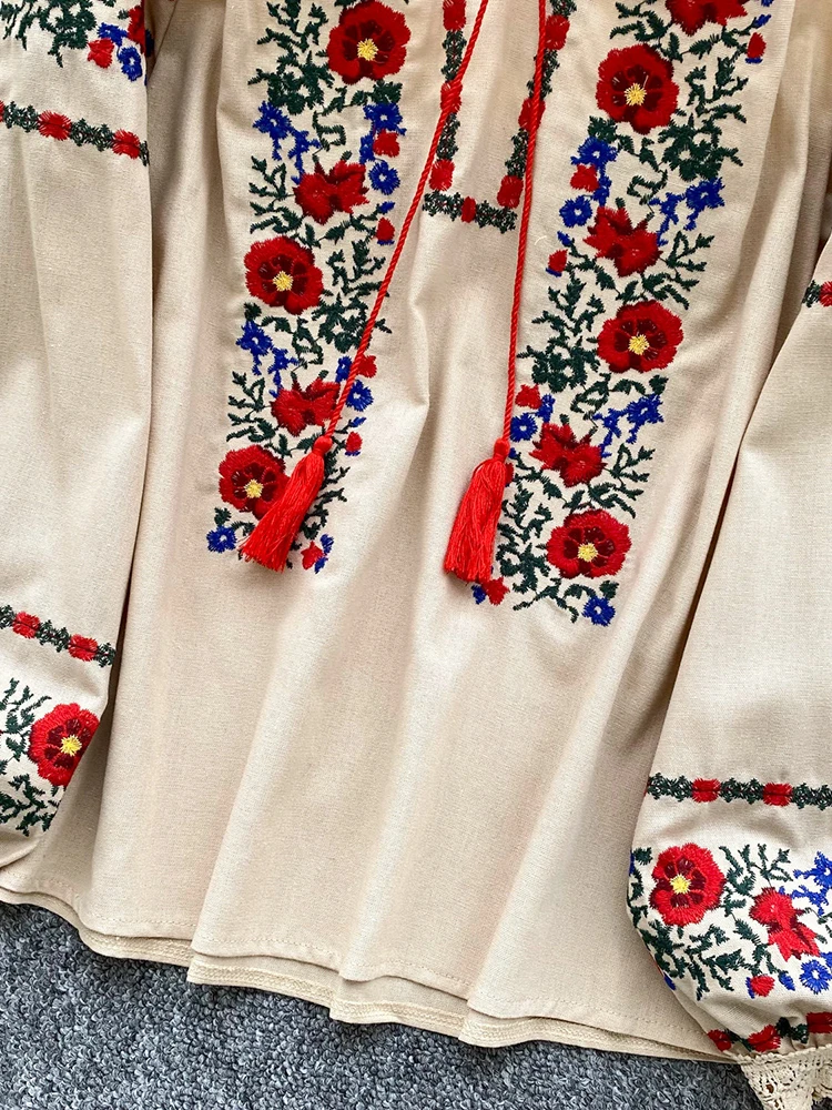 Women's Autumn Bohemian Blouse Ethnic Embroidered O-Neck Shirt Casual Bow Tie Loose Top Linen-cotton Female Pullovers Girl BL256