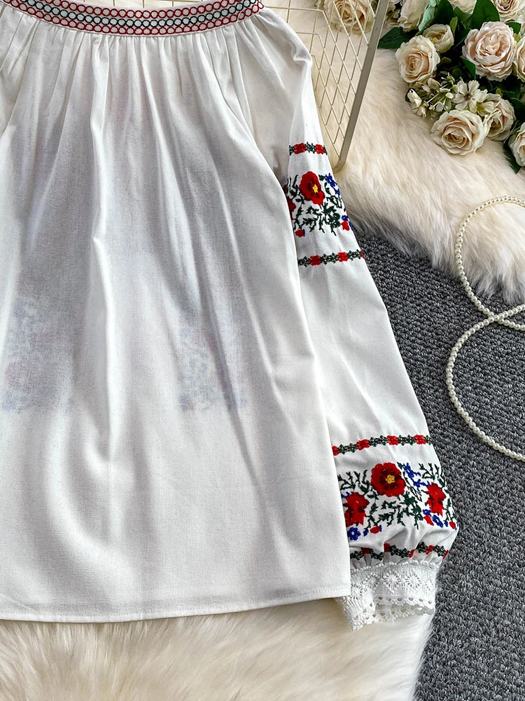 Women's Autumn Bohemian Blouse Ethnic Embroidered O-Neck Shirt Casual Bow Tie Loose Top Linen-cotton Female Pullovers Girl BL256