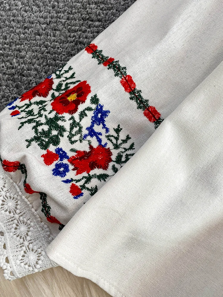 Women's Autumn Bohemian Blouse Ethnic Embroidered O-Neck Shirt Casual Bow Tie Loose Top Linen-cotton Female Pullovers Girl BL256