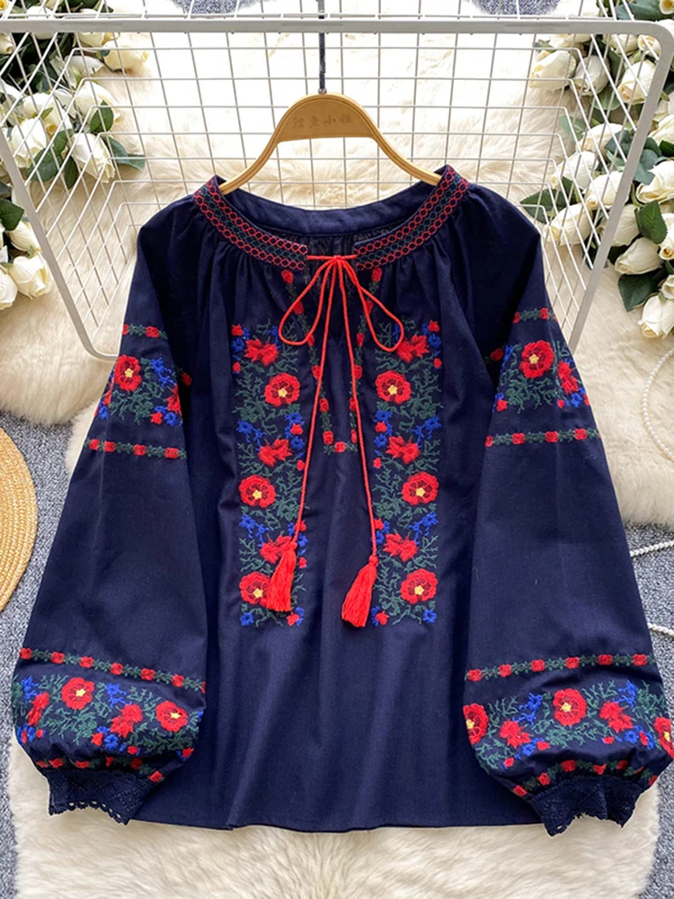 Women's Autumn Bohemian Blouse Ethnic Embroidered O-Neck Shirt Casual Bow Tie Loose Top Linen-cotton Female Pullovers Girl BL256