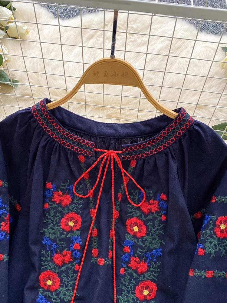 Women's Autumn Bohemian Blouse Ethnic Embroidered O-Neck Shirt Casual Bow Tie Loose Top Linen-cotton Female Pullovers Girl BL256