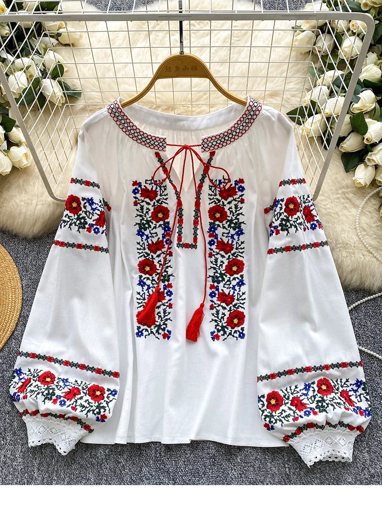Women's Autumn Bohemian Blouse Ethnic Embroidered O-Neck Shirt Casual Bow Tie Loose Top Linen-cotton Female Pullovers Girl BL256