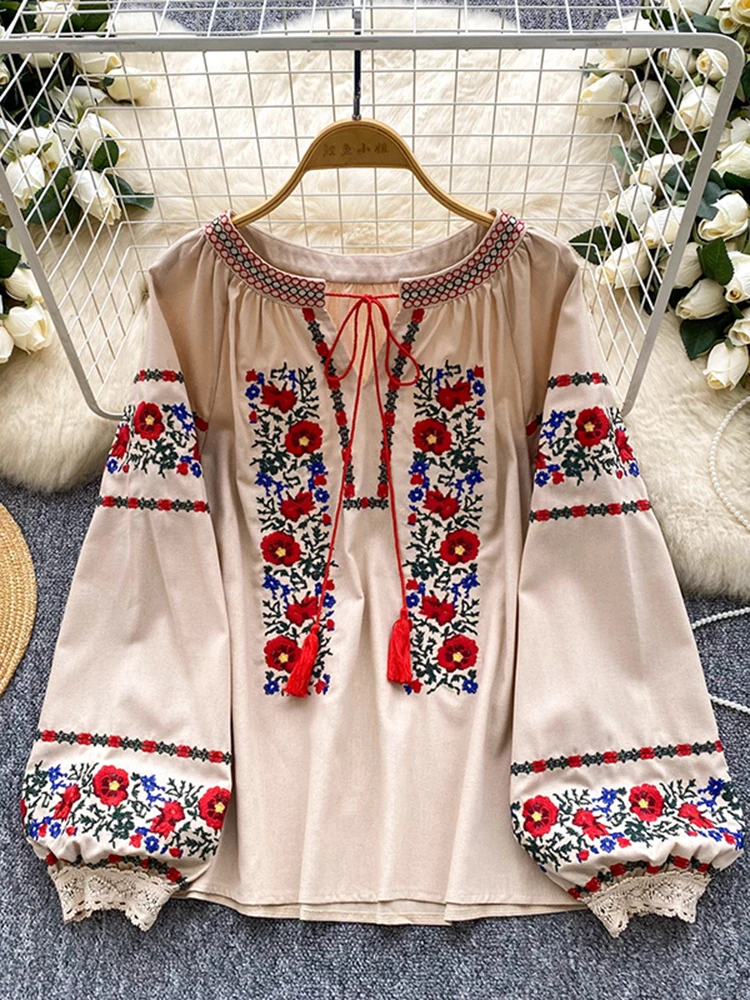 Women's Autumn Bohemian Blouse Ethnic Embroidered O-Neck Shirt Casual Bow Tie Loose Top Linen-cotton Female Pullovers Girl BL256