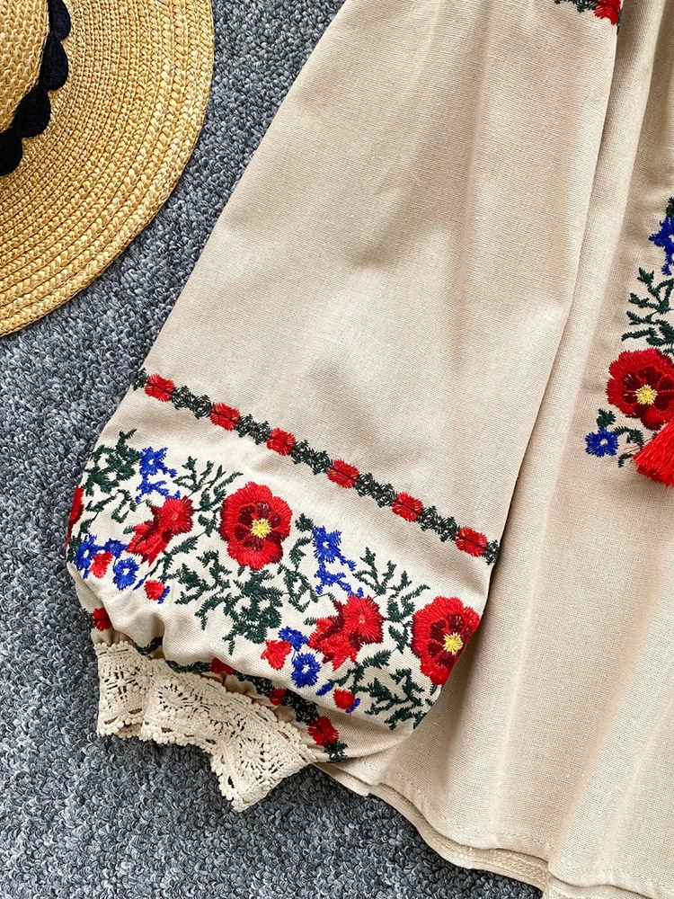 Women's Autumn Bohemian Blouse Ethnic Embroidered O-Neck Shirt Casual Bow Tie Loose Top Linen-cotton Female Pullovers Girl BL256