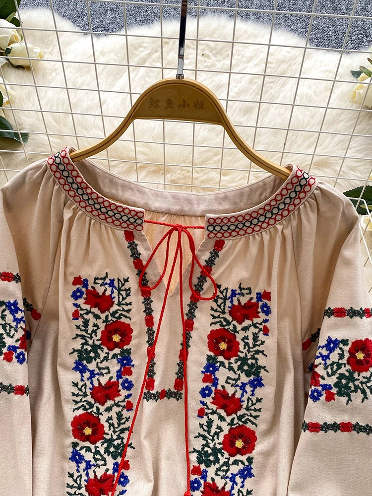 Women's Autumn Bohemian Blouse Ethnic Embroidered O-Neck Shirt Casual Bow Tie Loose Top Linen-cotton Female Pullovers Girl BL256